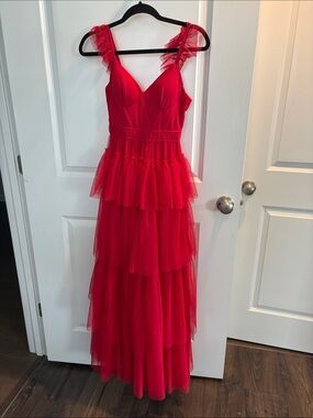 Blondie Nites Red Ruffled Tulle Prom Dress